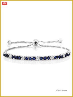 Sterling Silver Blue Sapphire Diamond Tennis Bracelet 2.05 Ct
